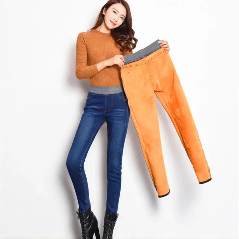 2022 Winter Jeans For Women Stretch Warm Velvet Denim Pencil Pants Thicken High Waist Female Straight Trousers Oversized P8035