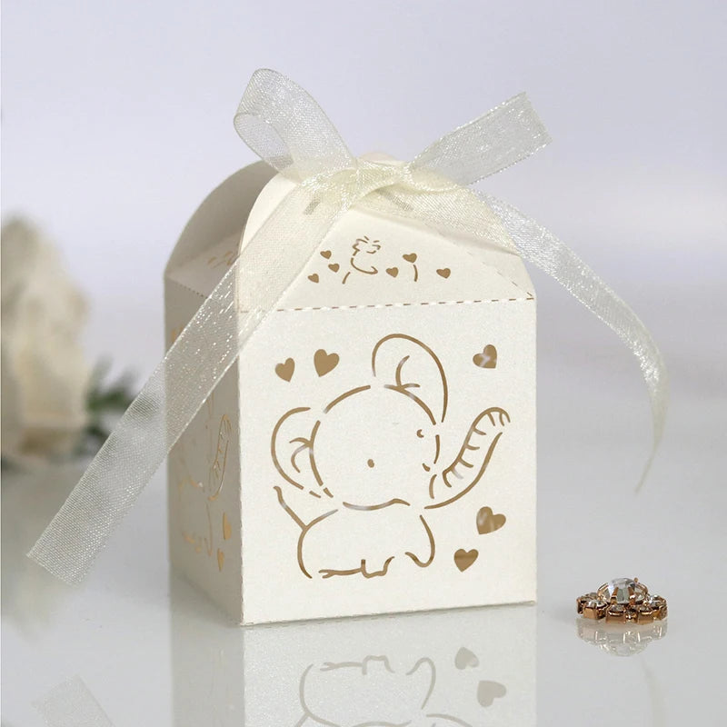 10/50/100pcs Elephant Laser Cut Carriage Favors Box Gifts Candy Boxes With Ribbon Baby Shower Wedding Birthday Party Supplies