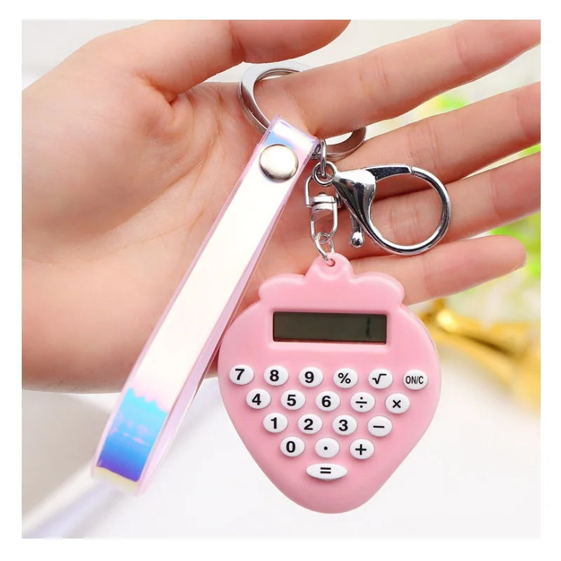 Pocket Size 8 Digits Display Cartoon Mini Ultra-thin Button Battery Cute Stawberry Calculator with Key Chain For School Students