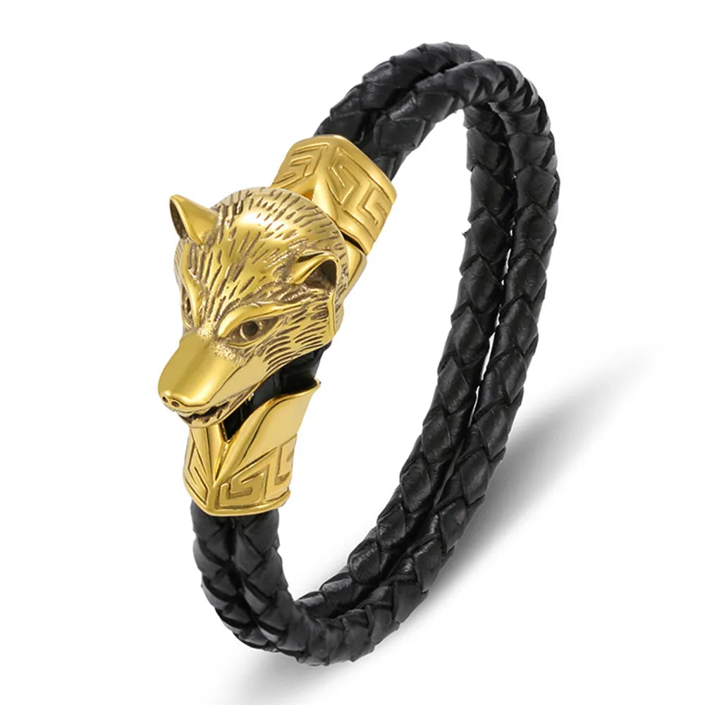 TYO Fashion Cool Charm Animal  Men Bracelet Wolf Braided Rope Rock Punk Stainless Steel Jewelry Accesoories Bangles