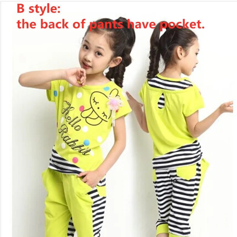 5-14T Girl Summer 2023 New Children Clothing Set Cotton Cartoon Letter Girls Clothes Casual Short-Sleeve Suit