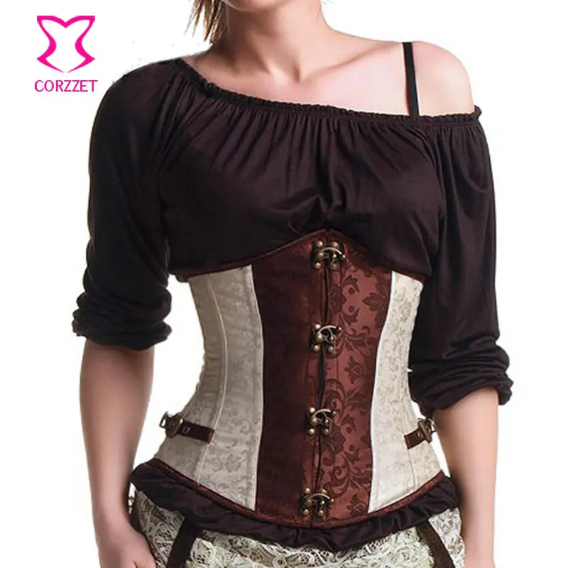 Vintage Brown Brocade Steampunk Underbust Corset Steel Bone Slimming Waist Trainer Corsets and Bustiers Sexy Gothic Clothing