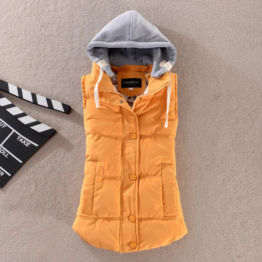 Plus Size 6XL Women Vest Winter Coat  Ladies Gilet Colete Feminino Casual Pocket Hooded Waistcoat Female Sleeveless Jacket