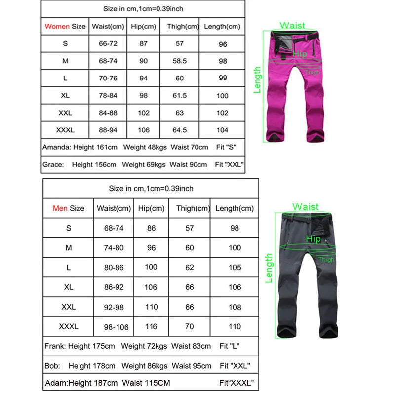 TRVLWEGO Camping Hiking Pants Winter Woman Men Outdoor Warm Soft Shell Waterproof Fleece Windproof Trekking Skiing Trousers