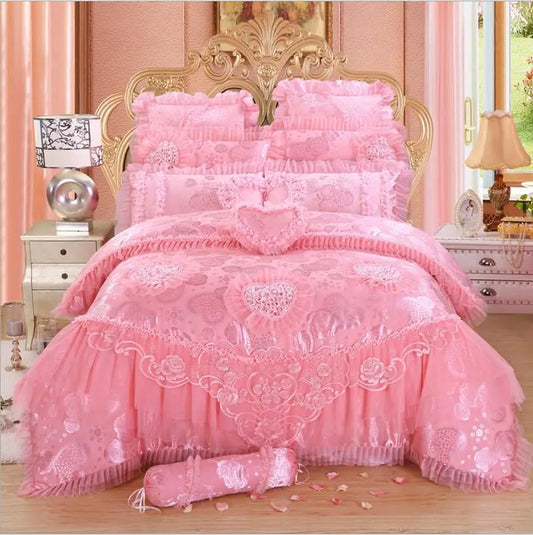 4/6/8pcs Red Pink Lace Princess Bedding Set Luxury Girls Wedding Bed Set Quilt Cover Bed Sheets Queen King Size 2018 New Design