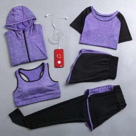 5 Pieces set women hooded coats+t shirt+bra+shorts+pants quick dry sportswear clothing outdoor running fitness gym tracksuits