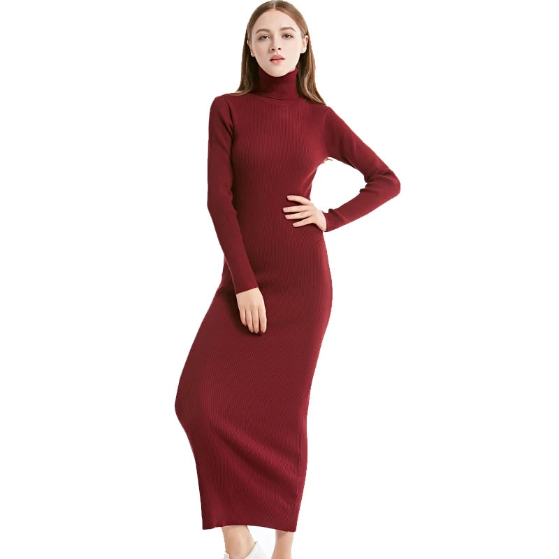 2023 New Fashion Women Sexy Party Dress Knit Style Long Sleeve Turtleneck Winter Maxi Dress Slim Work Wear Office Dress Vestidos