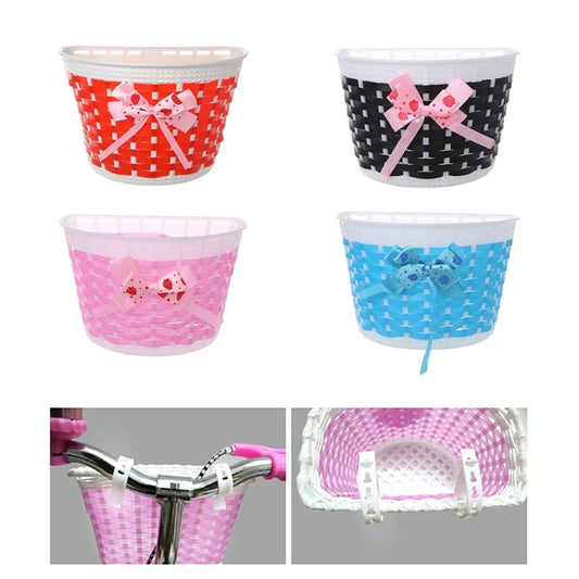 QILEJV Bicycle Scooter Basket Children Bike Basket Plastic Knitted Bow Knot Front Handmade Bag