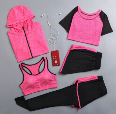 5 Pieces set women hooded coats+t shirt+bra+shorts+pants quick dry sportswear clothing outdoor running fitness gym tracksuits