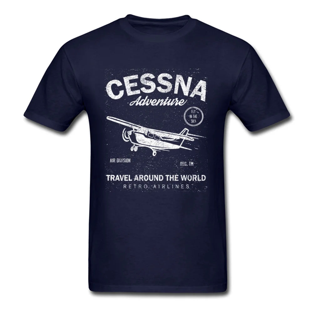 Cessna Leisure Brand Biplane Tshirt Airplane Adventure Travel Around The World Vintage T Shirt Men Graphic Tees Father's Day