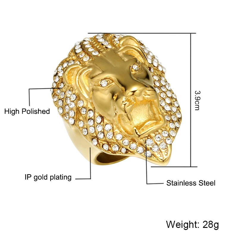 HIP Hop Lion Head Micro Pave Rhinestone Iced Out Bling Mens Ring IP Gold Plated Titanium Stainless Steel Rings for Men Jewelry