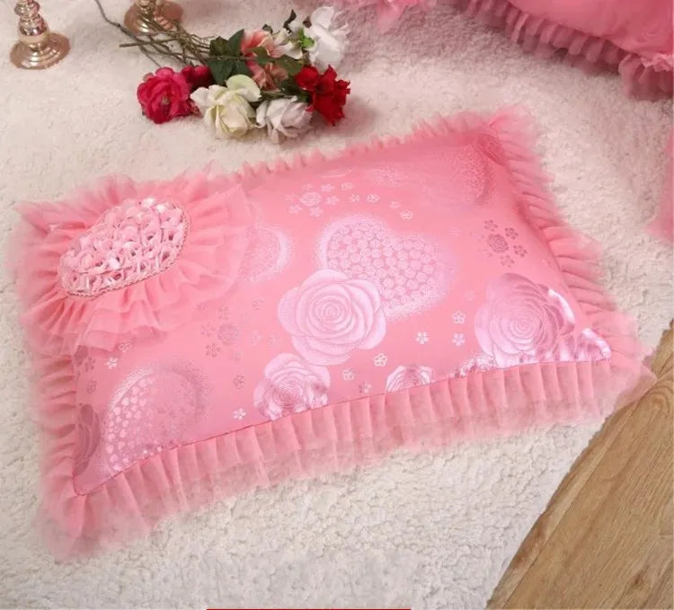 4/6/8pcs Red Pink Lace Princess Bedding Set Luxury Girls Wedding Bed Set Quilt Cover Bed Sheets Queen King Size 2018 New Design