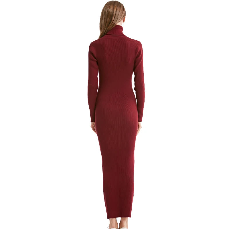 2023 New Fashion Women Sexy Party Dress Knit Style Long Sleeve Turtleneck Winter Maxi Dress Slim Work Wear Office Dress Vestidos