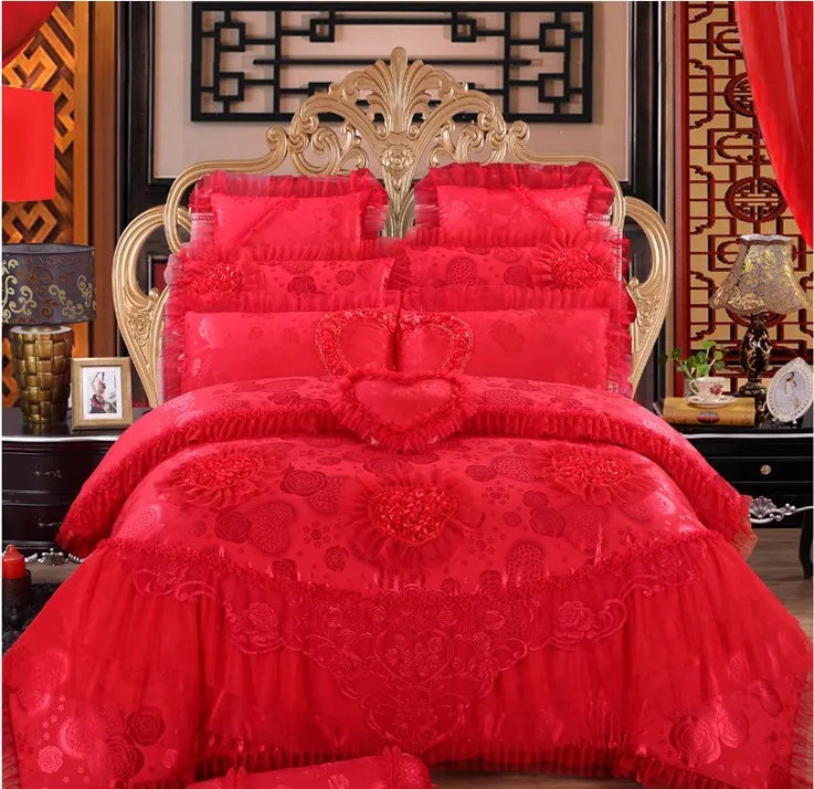 4/6/8pcs Red Pink Lace Princess Bedding Set Luxury Girls Wedding Bed Set Quilt Cover Bed Sheets Queen King Size 2018 New Design