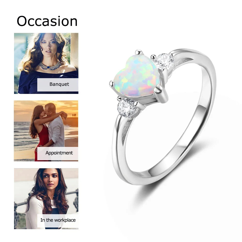 Romantic Silver Color Heart Ring Created Pink Blue White Fire Opal & CZ Wedding Rings for Women ( JewelOra RI103690)