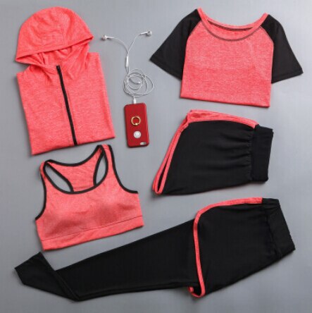 5 Pieces set women hooded coats+t shirt+bra+shorts+pants quick dry sportswear clothing outdoor running fitness gym tracksuits