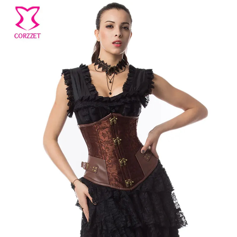 Vintage Brown Brocade Steampunk Underbust Corset Steel Bone Slimming Waist Trainer Corsets and Bustiers Sexy Gothic Clothing