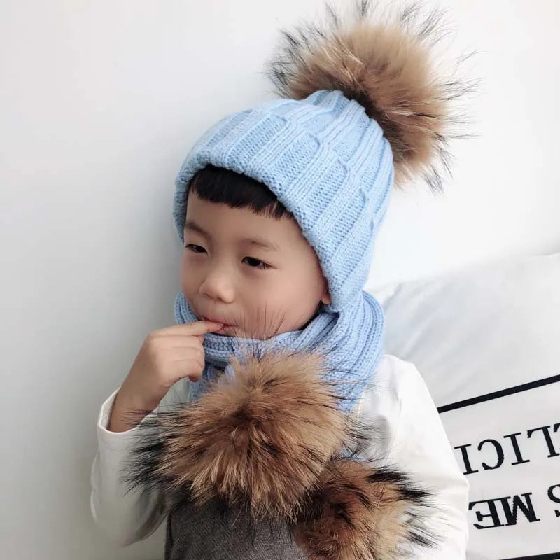 2023 Fashion Children Winter Real Fur Pompom Beanie Hat Scarf Warm Knitted Baby Hats For Kids Girls Boys Pom pom Cap