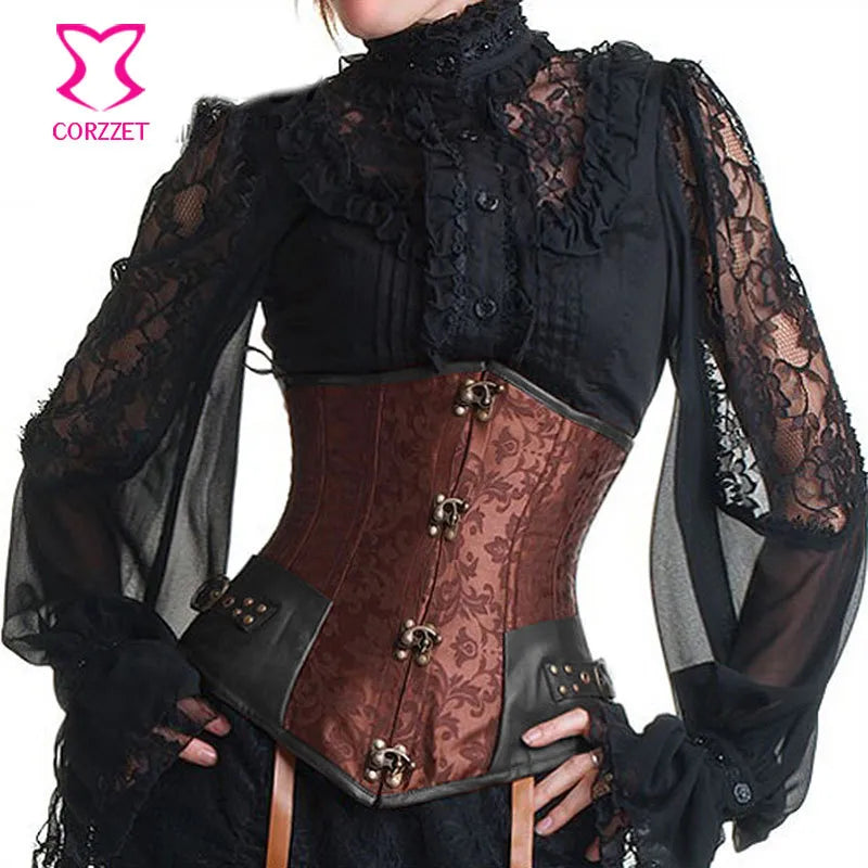 Vintage Brown Brocade Steampunk Underbust Corset Steel Bone Slimming Waist Trainer Corsets and Bustiers Sexy Gothic Clothing