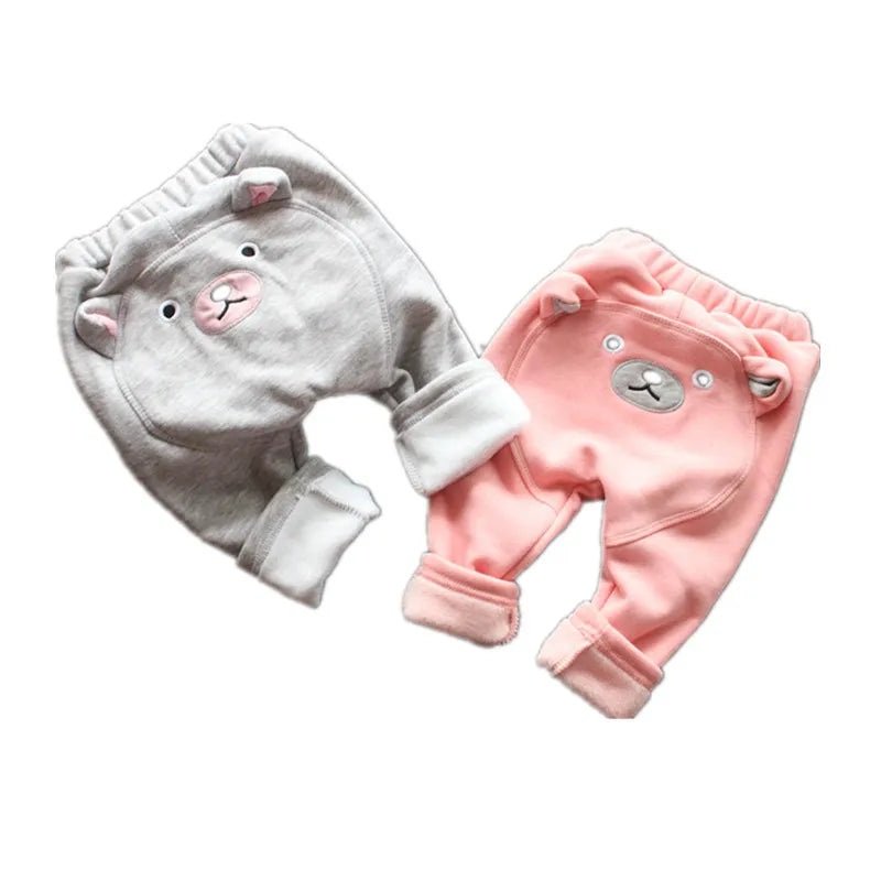 Cartoon Bear Kids Girls Pants Winter Thicked Warm Plus Velvet Toddler Boys Trousers