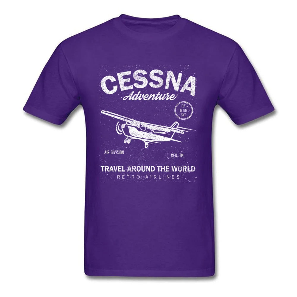 Cessna Leisure Brand Biplane Tshirt Airplane Adventure Travel Around The World Vintage T Shirt Men Graphic Tees Father's Day