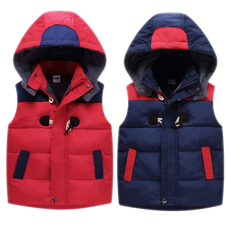 Winter Child Waistcoat Horn Buckle Heavyweight Warm Hooded Fleece Padded Baby Girls Boys Vest Children Outerwear 2-12 Years