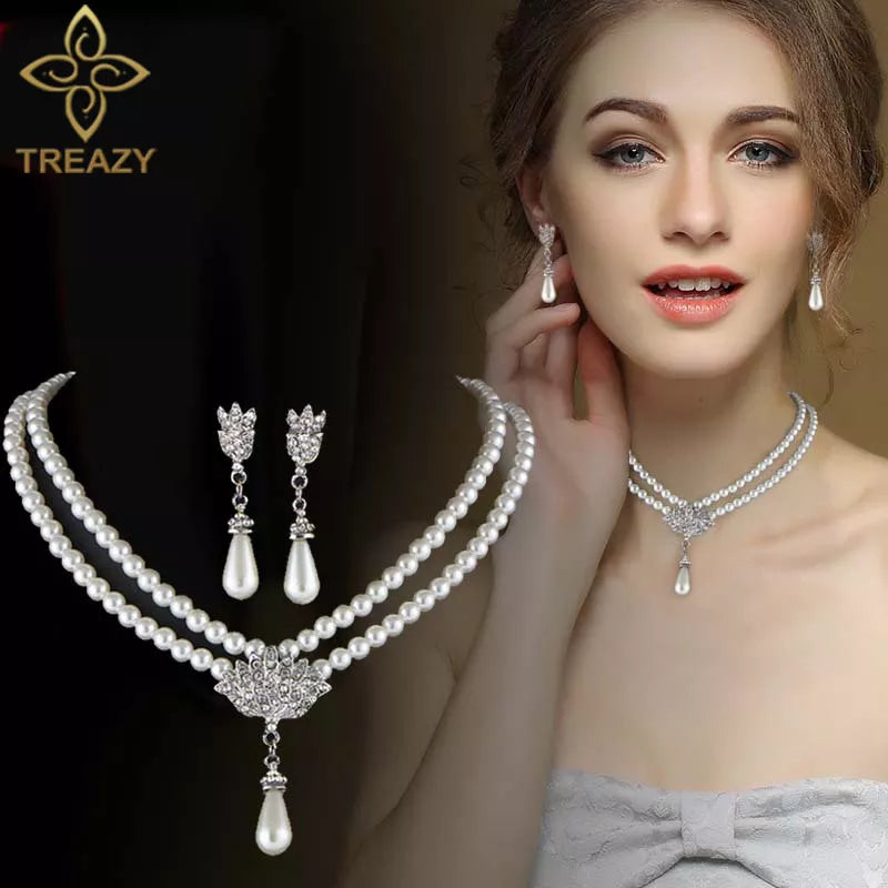 TREAZY Elegant Simulated-pearl Bridal Jewelry Sets Rhinestone Pearl Drop NECKLACE+EARRINGS Wedding Jewelry Sets for Women Gifts