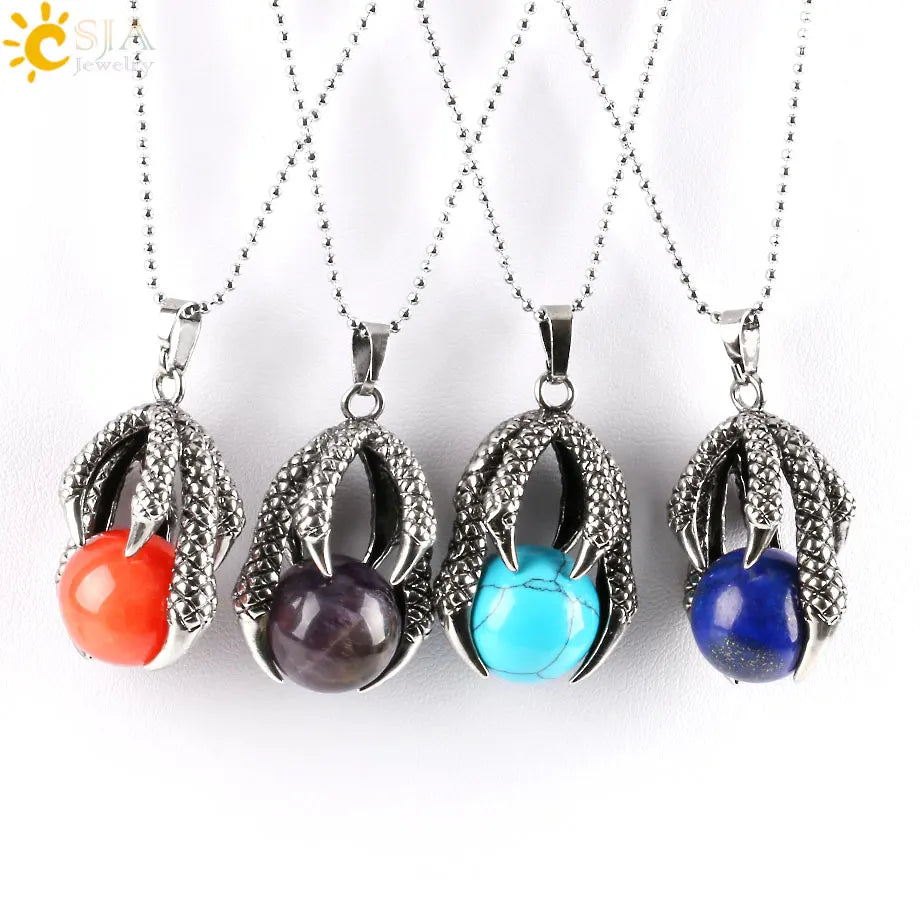 CSJA Tribal Dragon Claw Necklaces & Pendants Tiger Eye Round Gem Stone Beads Crystal Ball Men Biker Gothic Handmade Jewelry E454