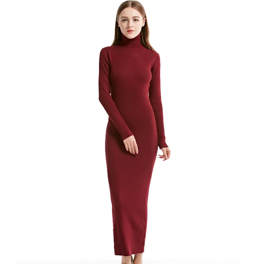 2023 New Fashion Women Sexy Party Dress Knit Style Long Sleeve Turtleneck Winter Maxi Dress Slim Work Wear Office Dress Vestidos