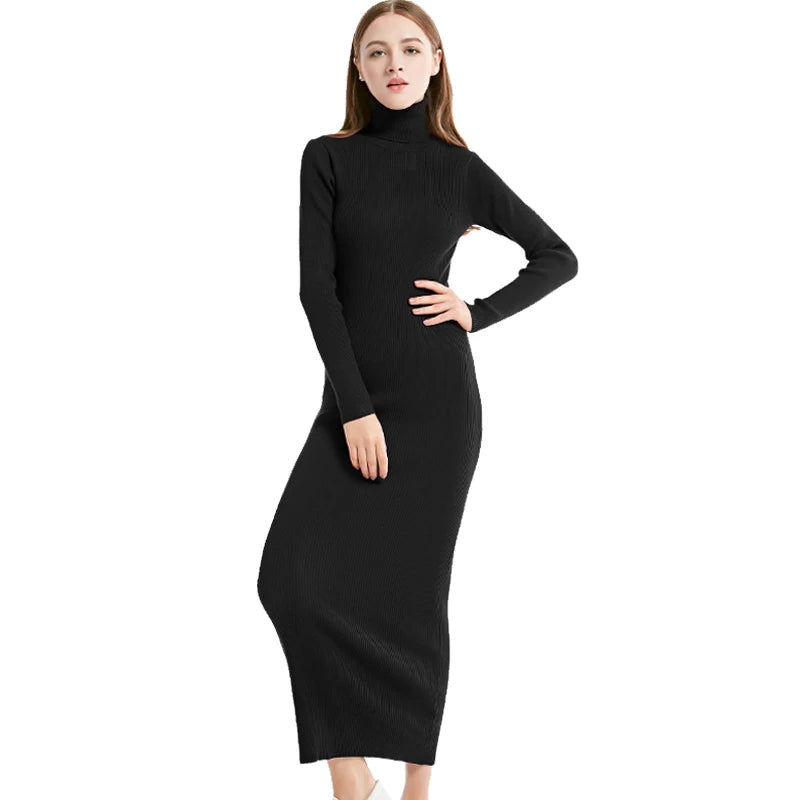 2023 New Fashion Women Sexy Party Dress Knit Style Long Sleeve Turtleneck Winter Maxi Dress Slim Work Wear Office Dress Vestidos