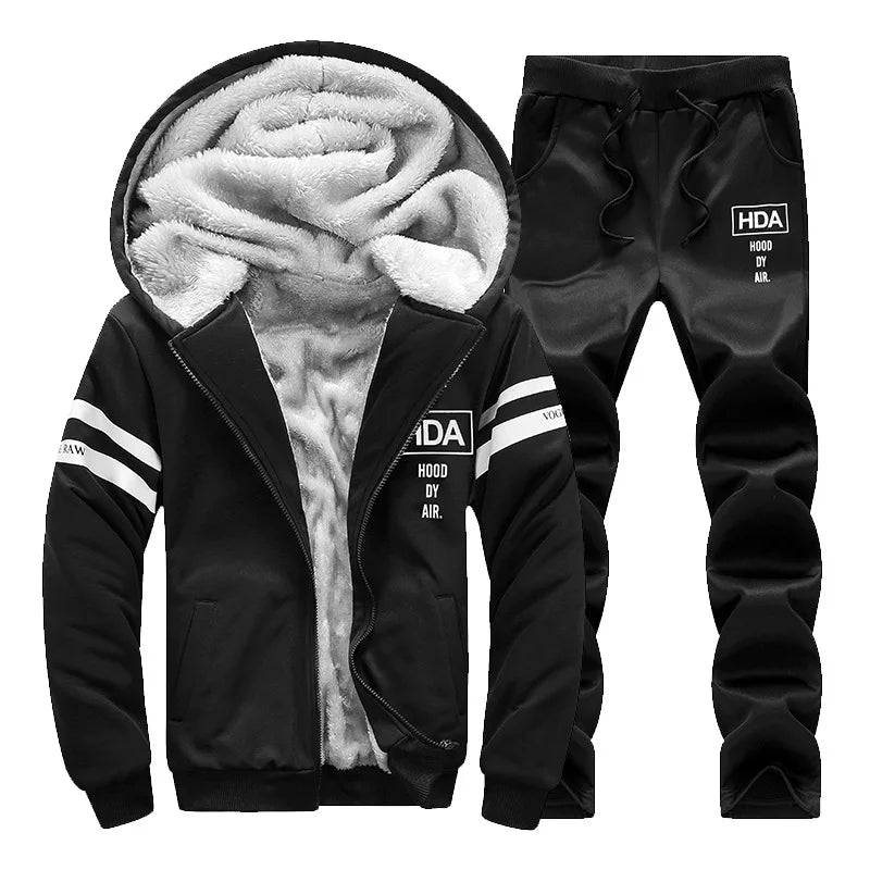 Winter Tracksuits Men's Sweat Suit Hooded Thicken Fleece Hoodies+Sweatpant Letter Print Men Casual Clothing Set H3F208