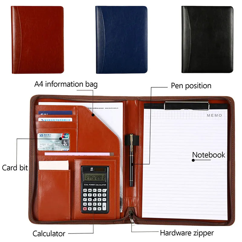 Leather Portfolio A4 Conference File Folder with Calculator Binder Padfolio Document Organizer Clip Business Zippered Briefcase