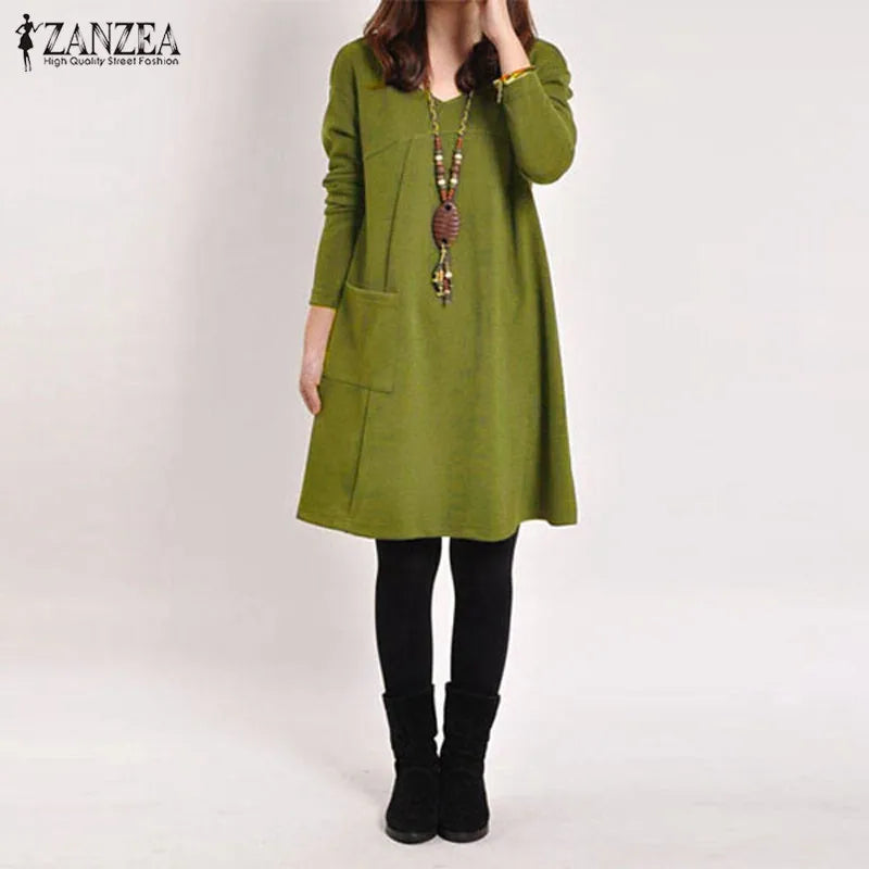 Zanzea 2023 Autumn Winter Women Long Sleeve Pocket Dress Solid O Neck Casual Loose Dresses Vestidos  S-