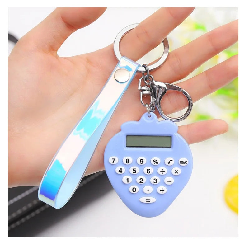 Pocket Size 8 Digits Display Cartoon Mini Ultra-thin Button Battery Cute Stawberry Calculator with Key Chain For School Students