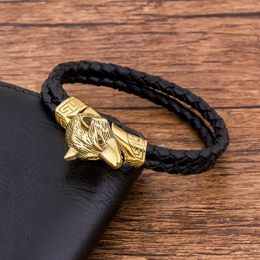 TYO Fashion Cool Charm Animal  Men Bracelet Wolf Braided Rope Rock Punk Stainless Steel Jewelry Accesoories Bangles