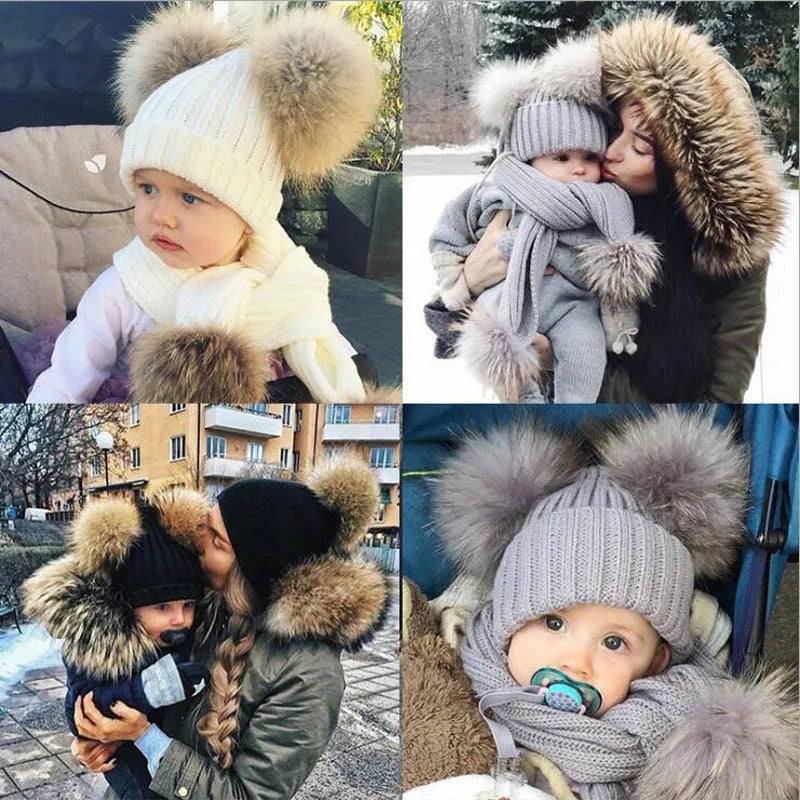 2023 Mother Kids Hats Bobble Hat Children Cap Pom Pom Beanies Caps Kids Cap Infant Bonnet Accessories for Baby Girls Boys 0-3Y