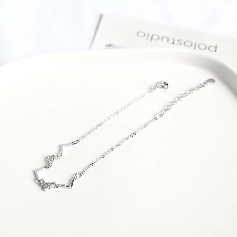 925 Sterling Silver Korean Version Simple Wave Heartbeat Pavé Crystal Bracelet Women Cute Princess Style Jewelry Accessories