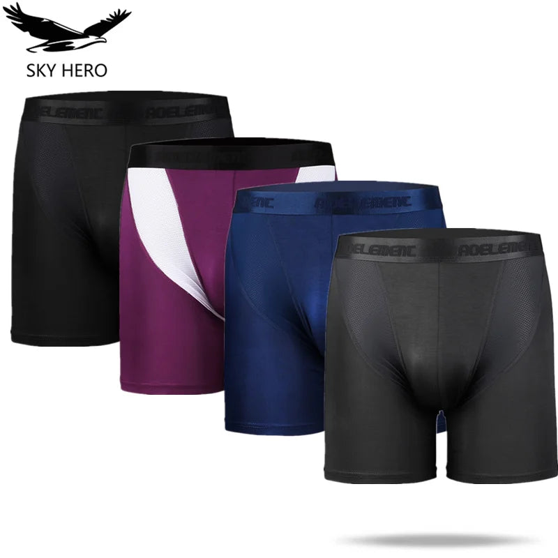 4pcs/pack Men's Long Shorts Mesh Boxers Homme Sexy Underwear Man Underpants Male Ice Silk Moda Hombre Gifts for Men