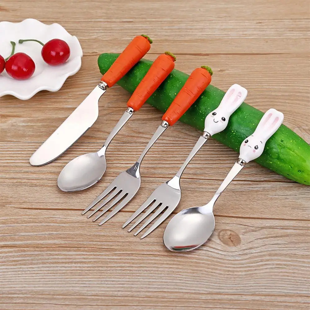 1 Pcs Kids Stainless Steel Spoon Fork Lovely Carrot Rabbit Handle Baby Feeding Spoon Kids Utensils