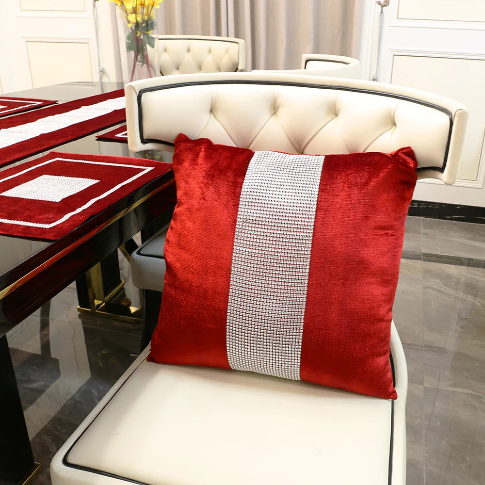 Red Table Runner Pillowcase Luxurious Napkin Modern Rhinestones Table Runner Faux Soft Home Wedding Tablecloth Decor