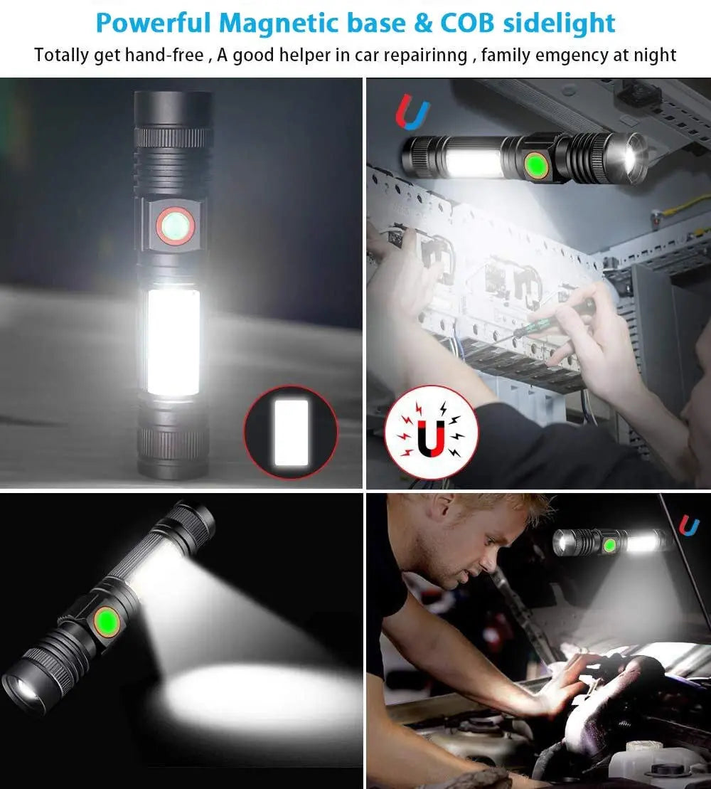 Super bright USB Rechargeable Flashlight Super Bright Magnetic LED Torch with Cob Sidelight a pocket clip Zoomable for Camping