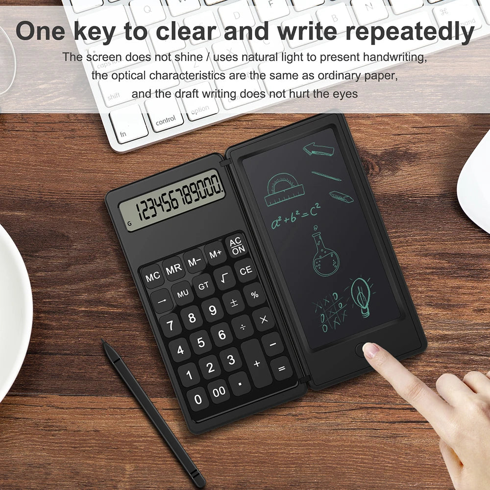 VAORLO Foldable Calculator & 6 Inch LCD Writing Tablet Digital Drawing Pad 12 Digits Display with Stylus Pen Erase Button Lock