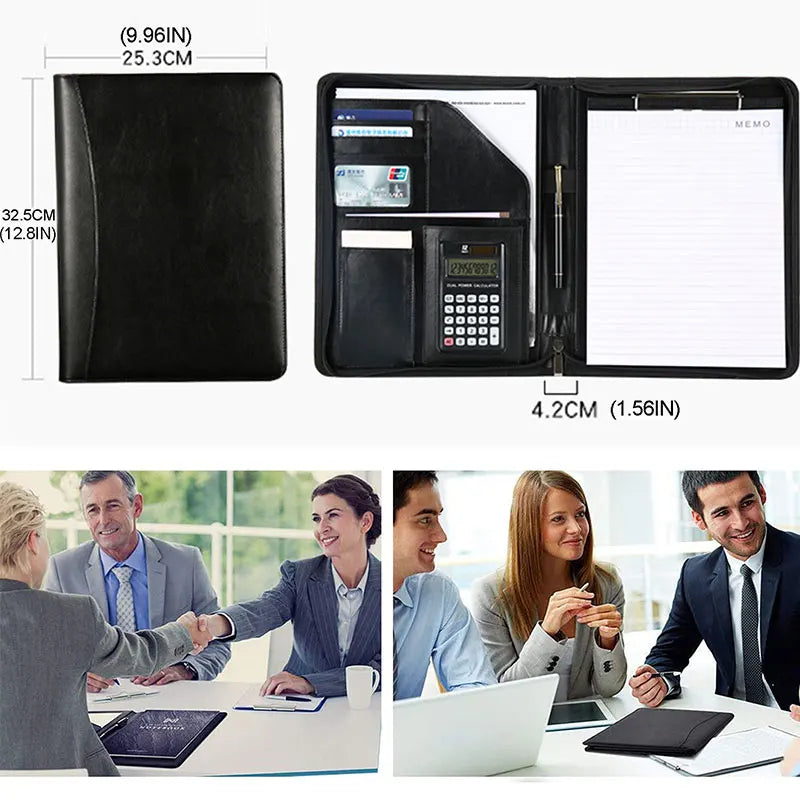 Leather Portfolio A4 Conference File Folder with Calculator Binder Padfolio Document Organizer Clip Business Zippered Briefcase