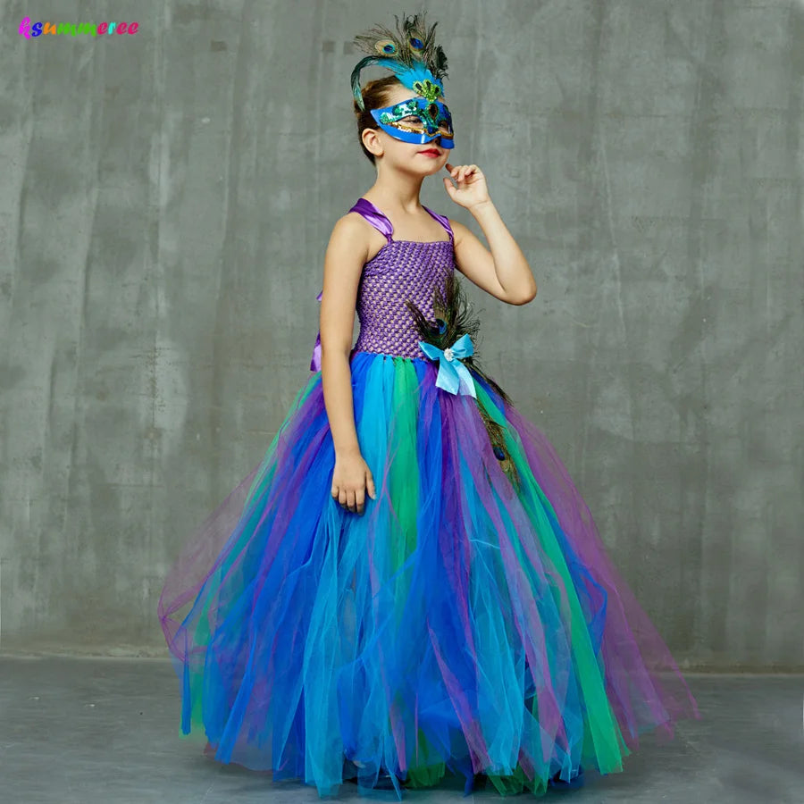 Flower Princess Peacock Costume for Girls Wedding Birthday Party Tutu Dress Kids Pageant Ball Gown Feathers Girl Tulle Dresses