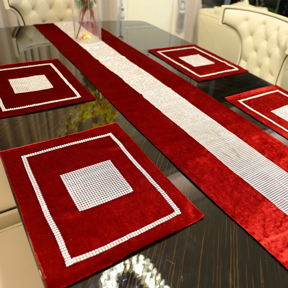 Red Table Runner Pillowcase Luxurious Napkin Modern Rhinestones Table Runner Faux Soft Home Wedding Tablecloth Decor