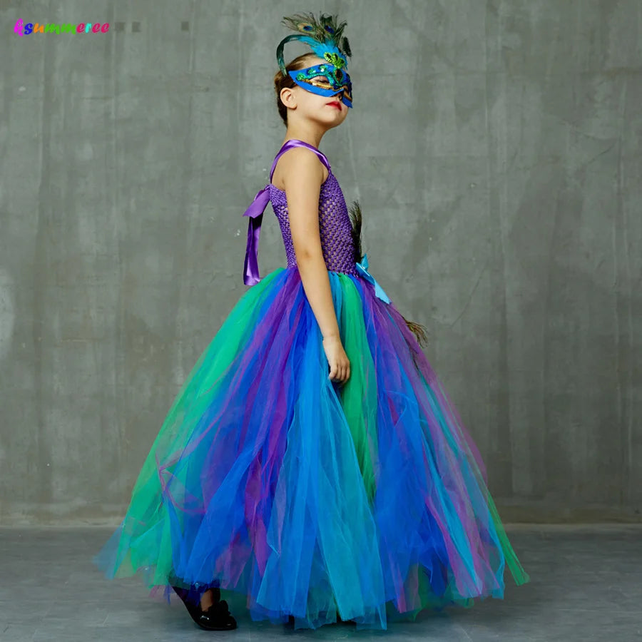 Flower Princess Peacock Costume for Girls Wedding Birthday Party Tutu Dress Kids Pageant Ball Gown Feathers Girl Tulle Dresses