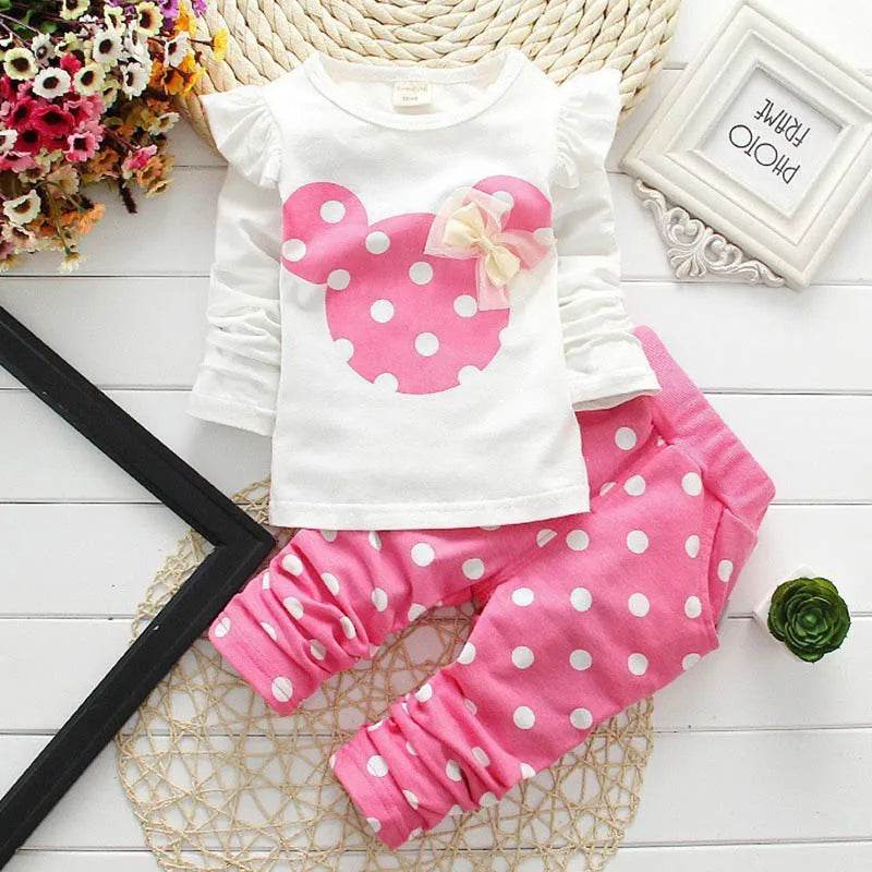 2020 New Fashion Girls Clothing Sets Cotton Children Bow Dress Tops Leggings Kids Round Neck Polka Dot Suits Baby Casual Outfit