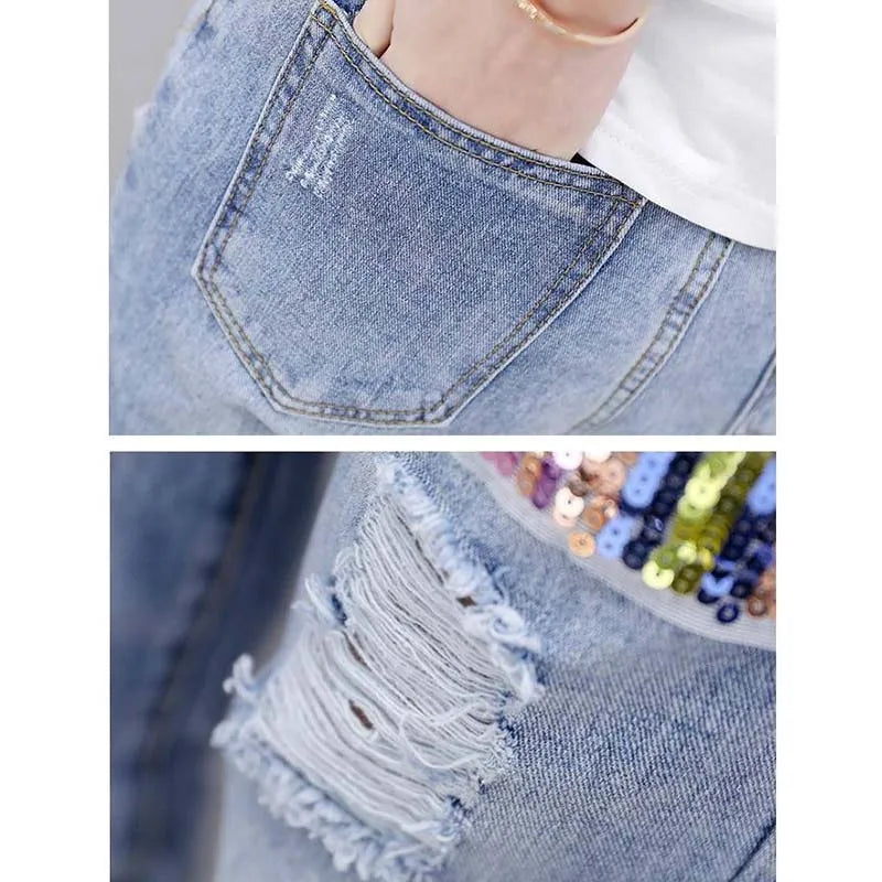 Summer Women Sets Fashion Short Sleeve Sequins T Shirt + Hole Jeans 2pcs Large Size Female Girl Casual Denim Pants Suits Y81