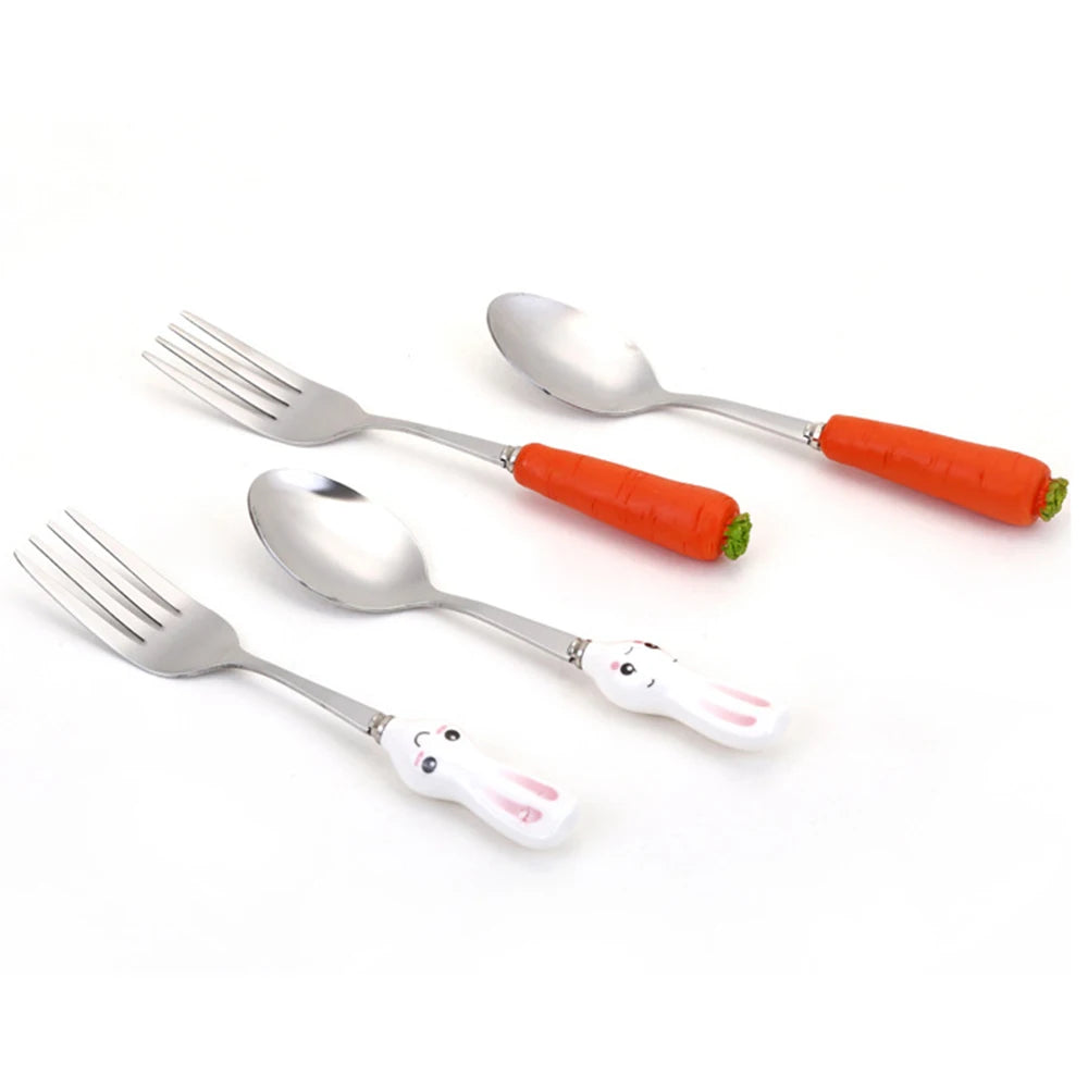 1 Pcs Kids Stainless Steel Spoon Fork Lovely Carrot Rabbit Handle Baby Feeding Spoon Kids Utensils