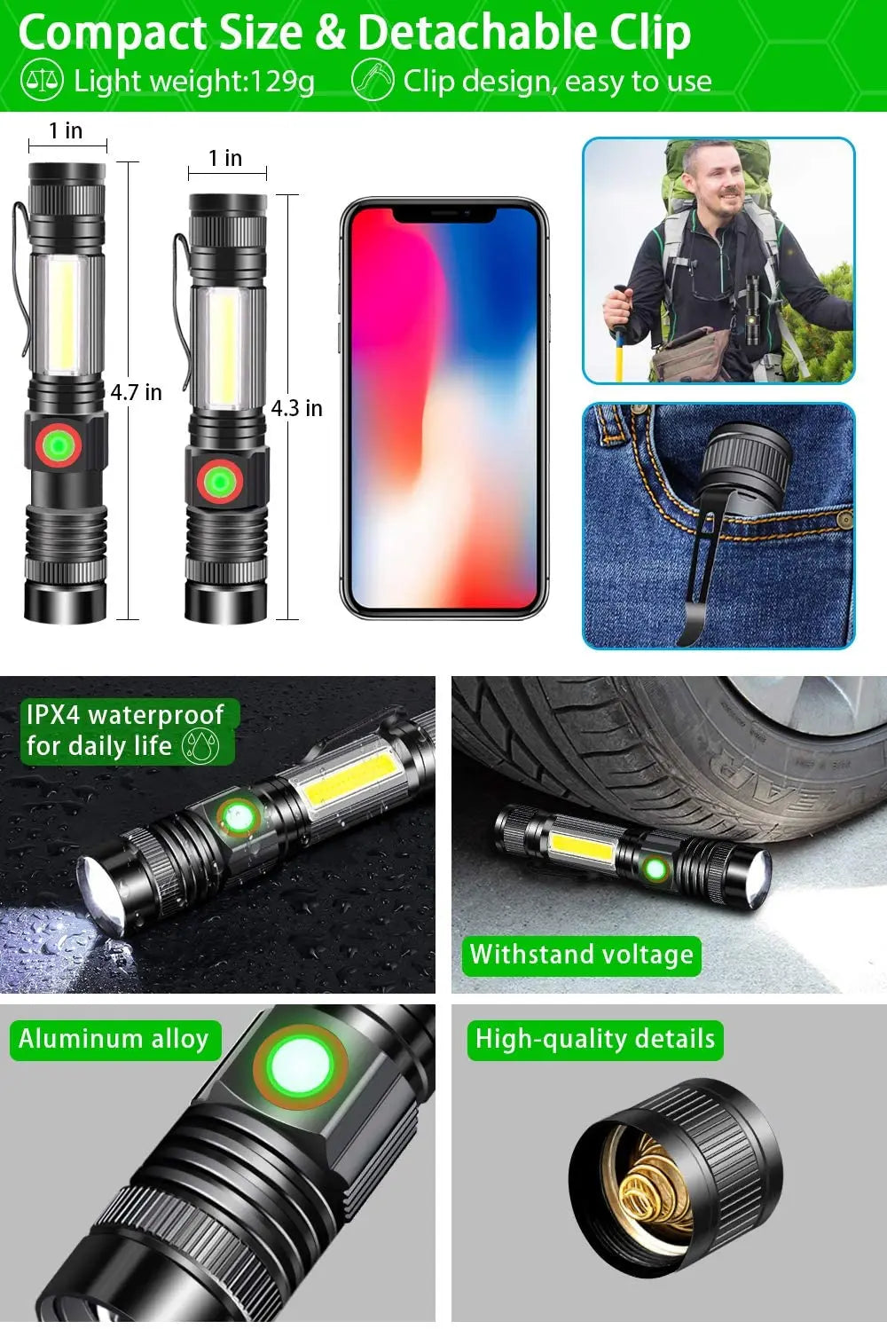 Super bright USB Rechargeable Flashlight Super Bright Magnetic LED Torch with Cob Sidelight a pocket clip Zoomable for Camping